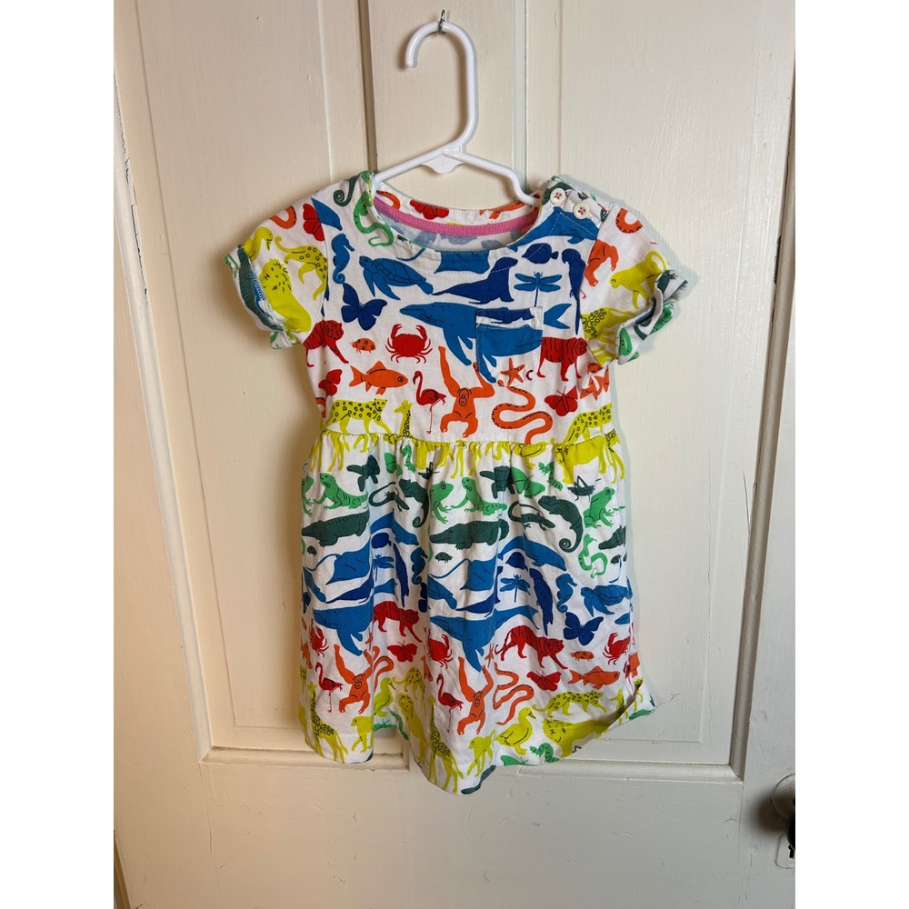 Mini Boden Kids Animal Print Jersey Dress White Rainbow Multi 2-3Y 98cm